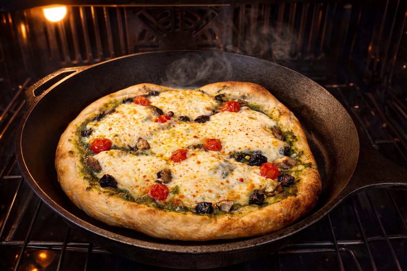 Garden Pesto Sourdough Pizza cooked